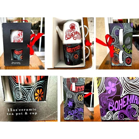 Tea for One Tea Pot Cup Set Stackable Bohemian Harmony Peace Gift Hippie Boxed - Picture 4 of 12